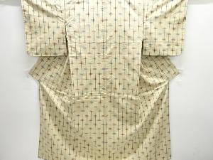 アンティーク　縞に抽象模様織り出し手織り紬着物